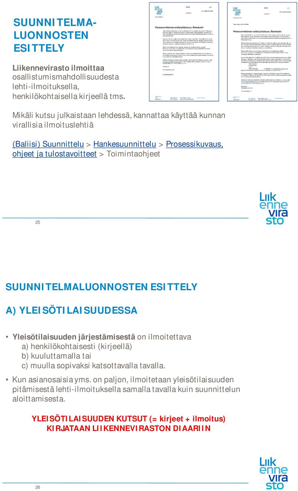 SUUNNITELMALUONNOSTEN ESITTELY A) YLEISÖTILAISUUDESSA Yleisötilaisuuden järjestämisestä on ilmoitettava a) henkilökohtaisesti (kirjeellä) b) kuuluttamalla tai c) muulla sopivaksi