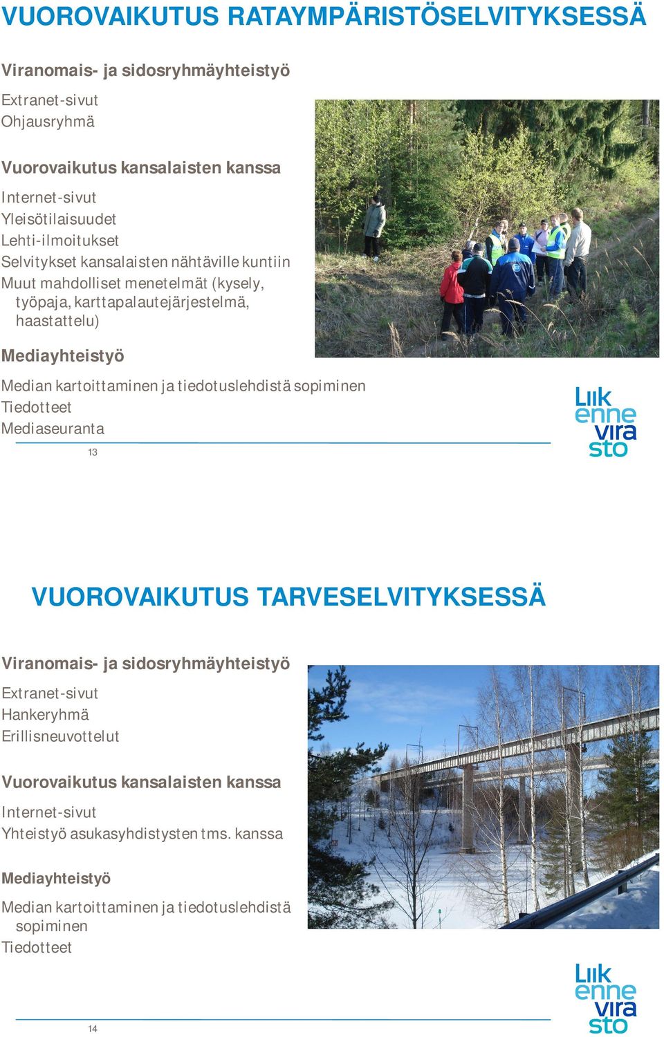 kartoittaminen ja tiedotuslehdistä sopiminen Tiedotteet Mediaseuranta 13 VUOROVAIKUTUS TARVESELVITYKSESSÄ Viranomais- ja sidosryhmäyhteistyö Extranet-sivut Hankeryhmä