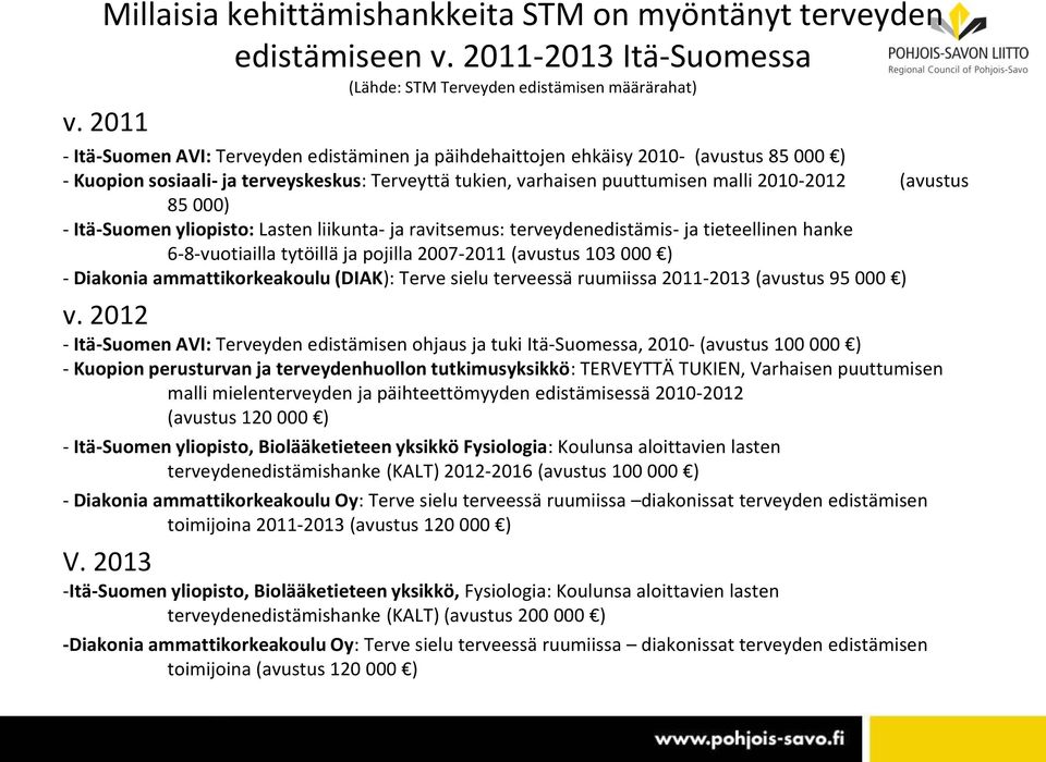 85 000) - Itä-Suomen yliopisto: Lasten liikunta- ja ravitsemus: terveydenedistämis- ja tieteellinen hanke 6-8-vuotiailla tytöillä ja pojilla 2007-2011 (avustus 103 000 ) - Diakonia ammattikorkeakoulu