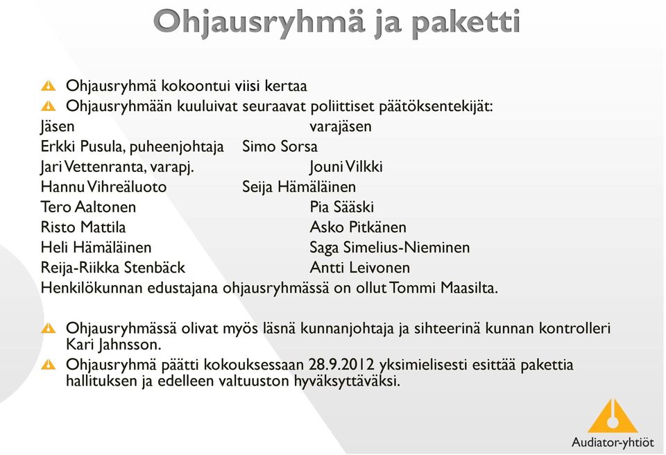 Jouni Vilkki Hannu Vihreäluoto Seija Hämäläinen Tero Aaltonen Pia Sääski Risto Mattila Asko Pitkänen Heli Hämäläinen Saga Simelius-Nieminen Reija-Riikka Stenbäck