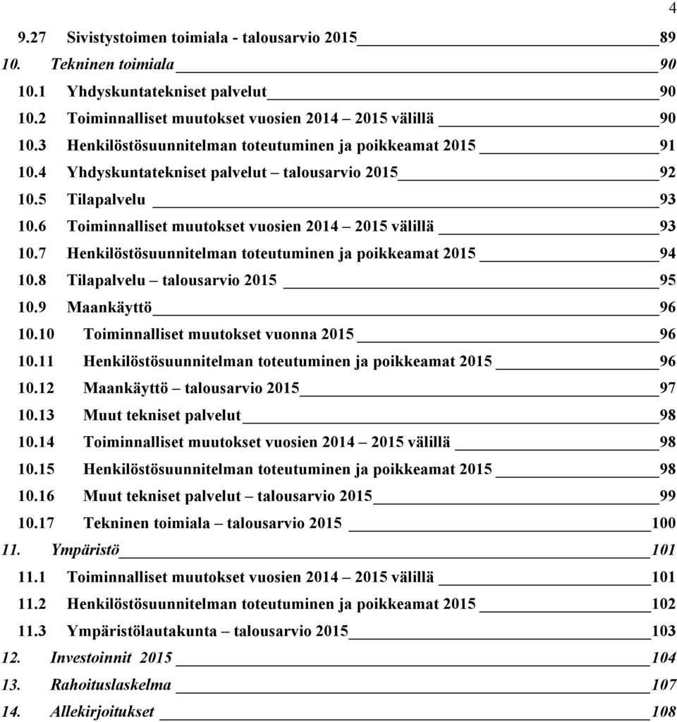 7 Henkilöstösuunnitelman toteutuminen ja poikkeamat 2015 94 10.8 Tilapalvelu talousarvio 2015 95 10.9 Maankäyttö 96 10.10 Toiminnalliset muutokset vuonna 2015 96 10.