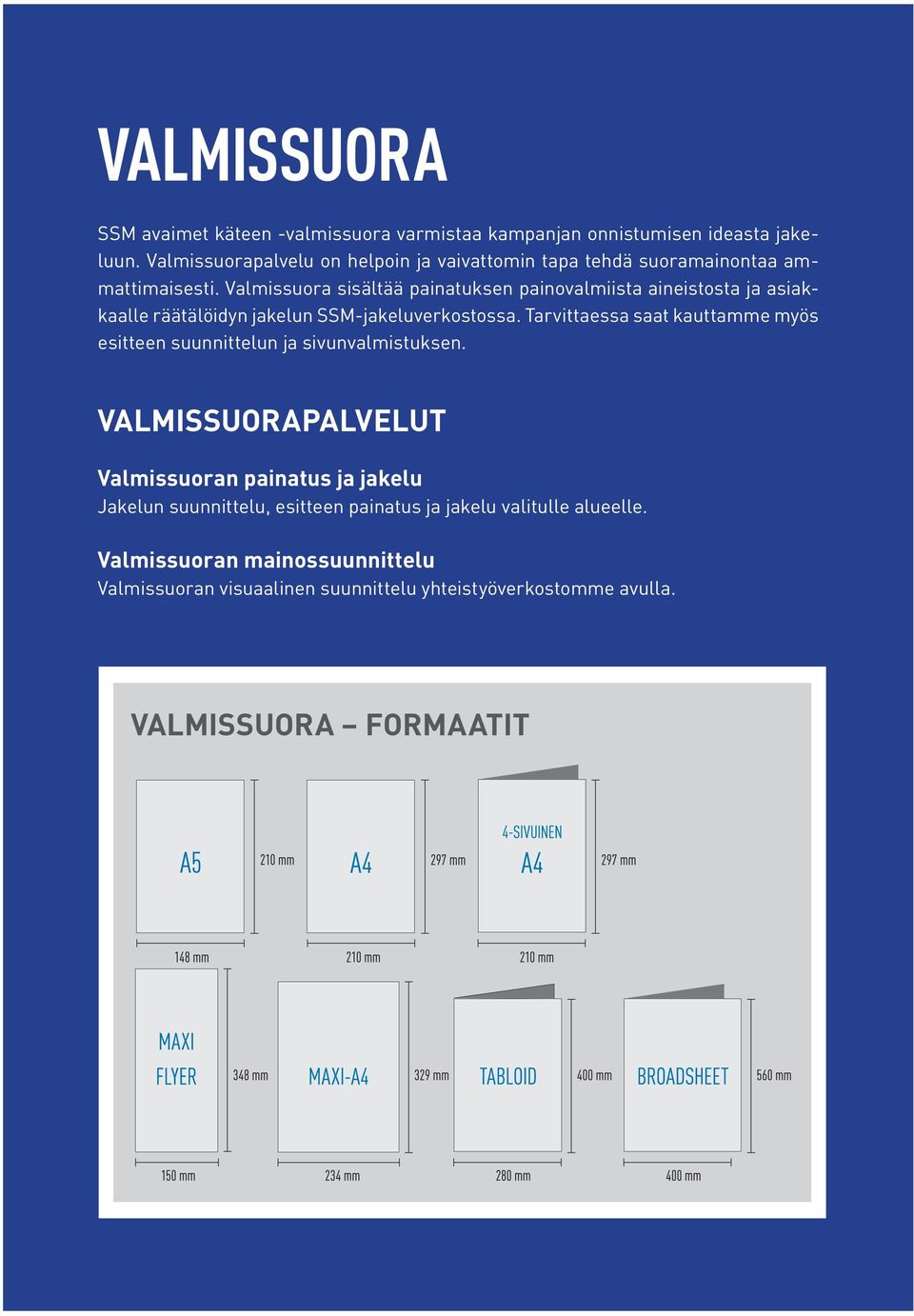 Valmissuora sisältää painatuksen painovalmiista aineistosta ja asiakkaalle räätälöidyn jakelun SSM-jakeluverkostossa.