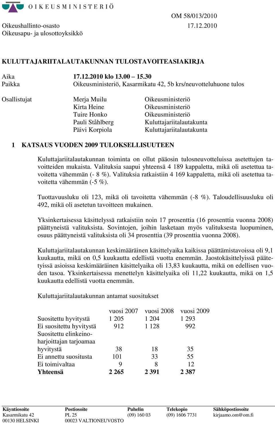 Kuluttajariitalautakunta Päivi Korpiola Kuluttajariitalautakunta 1 KATSAUS VUODEN 2009 TULOKSELLISUUTEEN Kuluttajariitalautakunnan toiminta on ollut pääosin tulosneuvotteluissa asetettujen