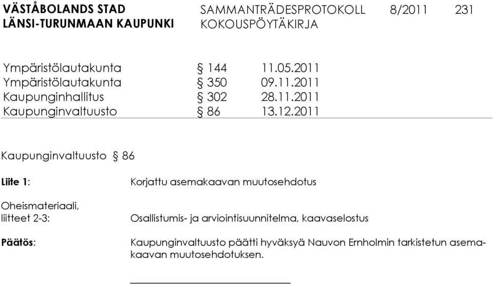 2011 Kaupunginvaltuusto 86 Liite 1: Oheismateriaali, liitteet 2-3: Korjattu asemakaavan