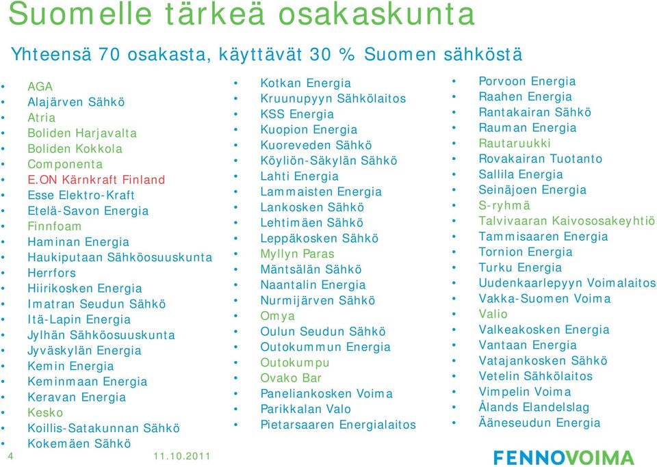 Sähköosuuskunta Jyväskylän Energia Kemin Energia Keminmaan Energia Keravan Energia Kesko Koillis-Satakunnan Sähkö Kokemäen Sähkö 4 Kotkan Energia Kruunupyyn Sähkölaitos KSS Energia Kuopion Energia