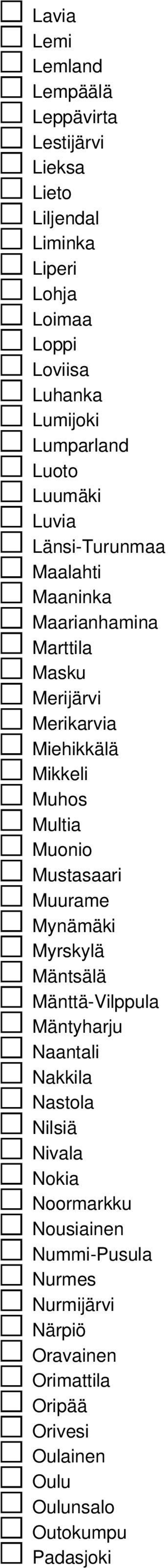 Muhos Multia Muonio Mustasaari Muurame Mynämäki Myrskylä Mäntsälä Mänttä-Vilppula Mäntyharju Naantali Nakkila Nastola Nilsiä Nivala