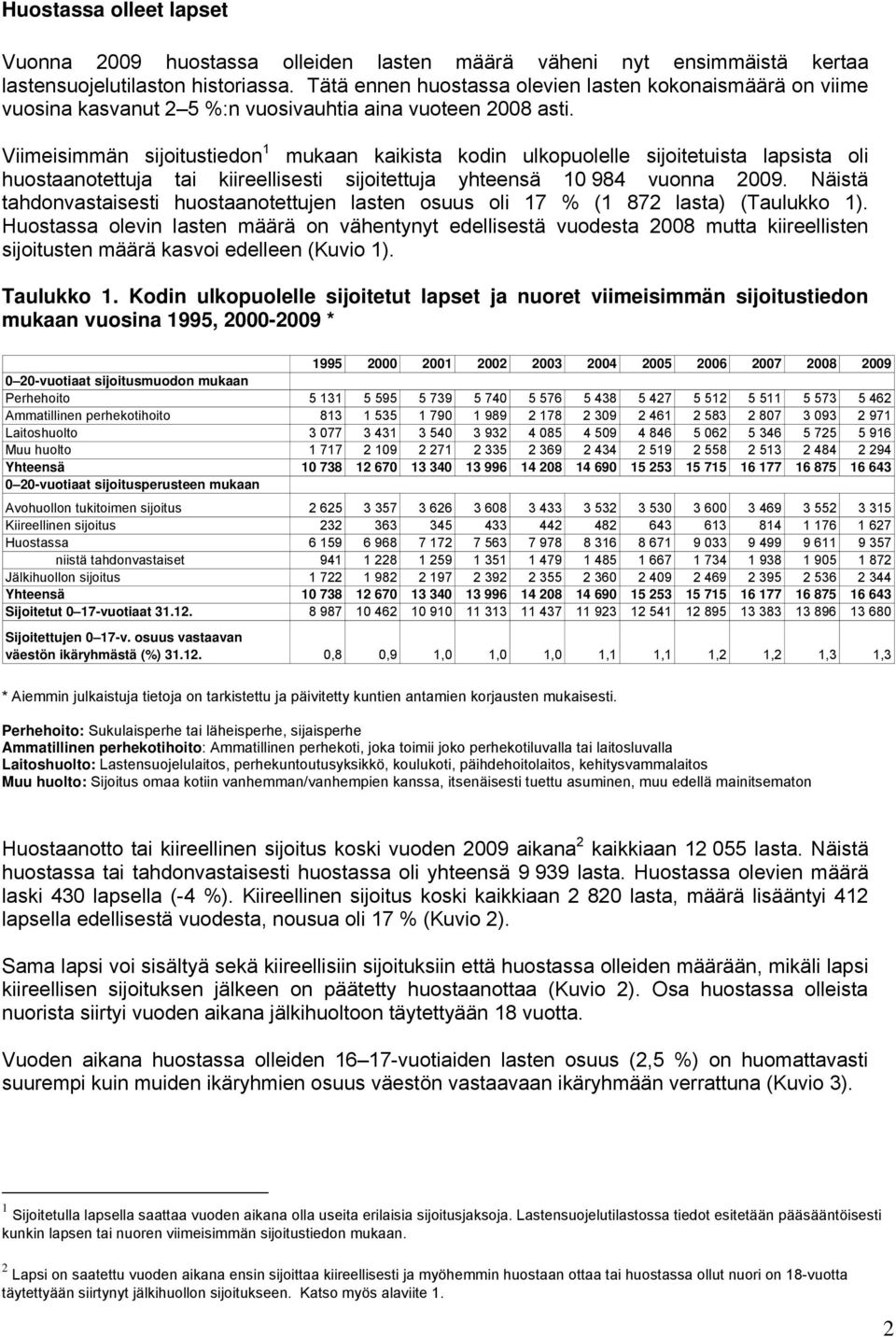 Viimeisimmän sijoitustiedon 1 mukaan kaikista kodin ulkopuolelle sijoitetuista lapsista oli huostaanotettuja tai kiireellisesti sijoitettuja yhteensä 10 984 vuonna 2009.