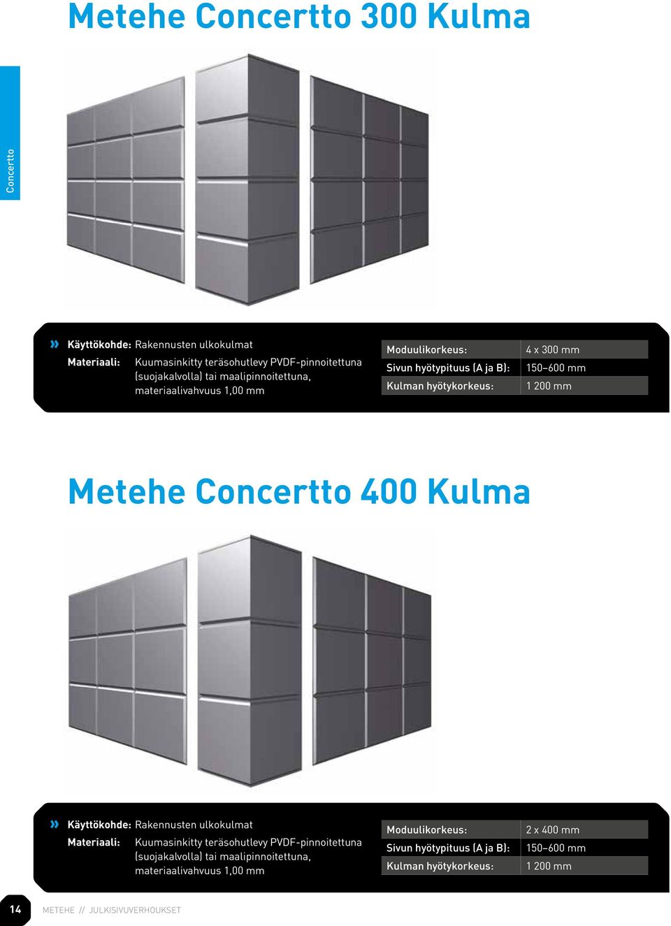 150 600 mm 1 200 mm Metehe Concertto 400 Kulma Käyttökohde: Rakennusten ulkokulmat Materiaali: Kuumasinkitty teräsohutlevy PVDF-pinnoitettuna