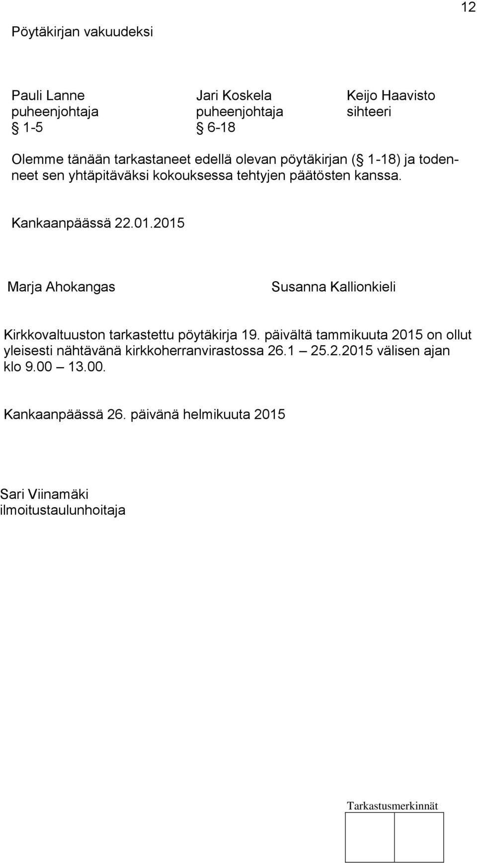 2015 Marja Ahokangas Susanna Kallionkieli Kirkkovaltuuston tarkastettu pöytäkirja 19.