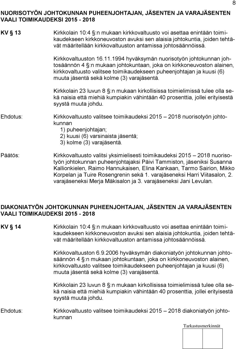 1994 hyväksymän nuorisotyön johtokunnan johtosäännön 4 :n mukaan johtokuntaan, joka on kirkkoneuvoston alainen, kirkkovaltuusto valitsee toimikaudekseen puheenjohtajan ja kuusi (6) muuta tä sekä