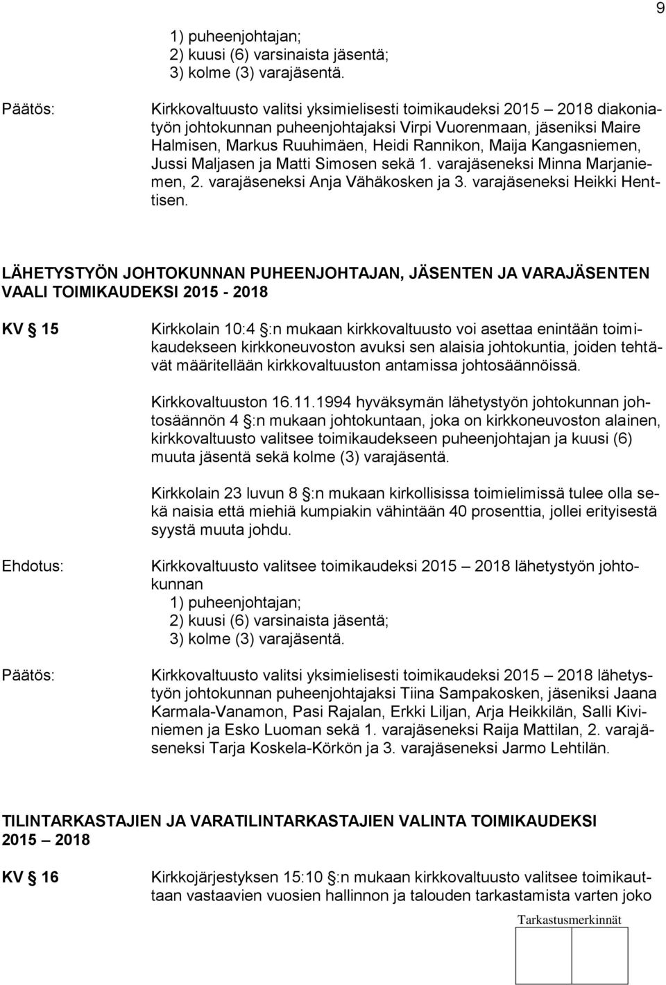 Jussi Maljasen ja Matti Simosen sekä 1. varaeksi Minna Marjaniemen, 2. varaeksi Anja Vähäkosken ja 3. varaeksi Heikki Henttisen.