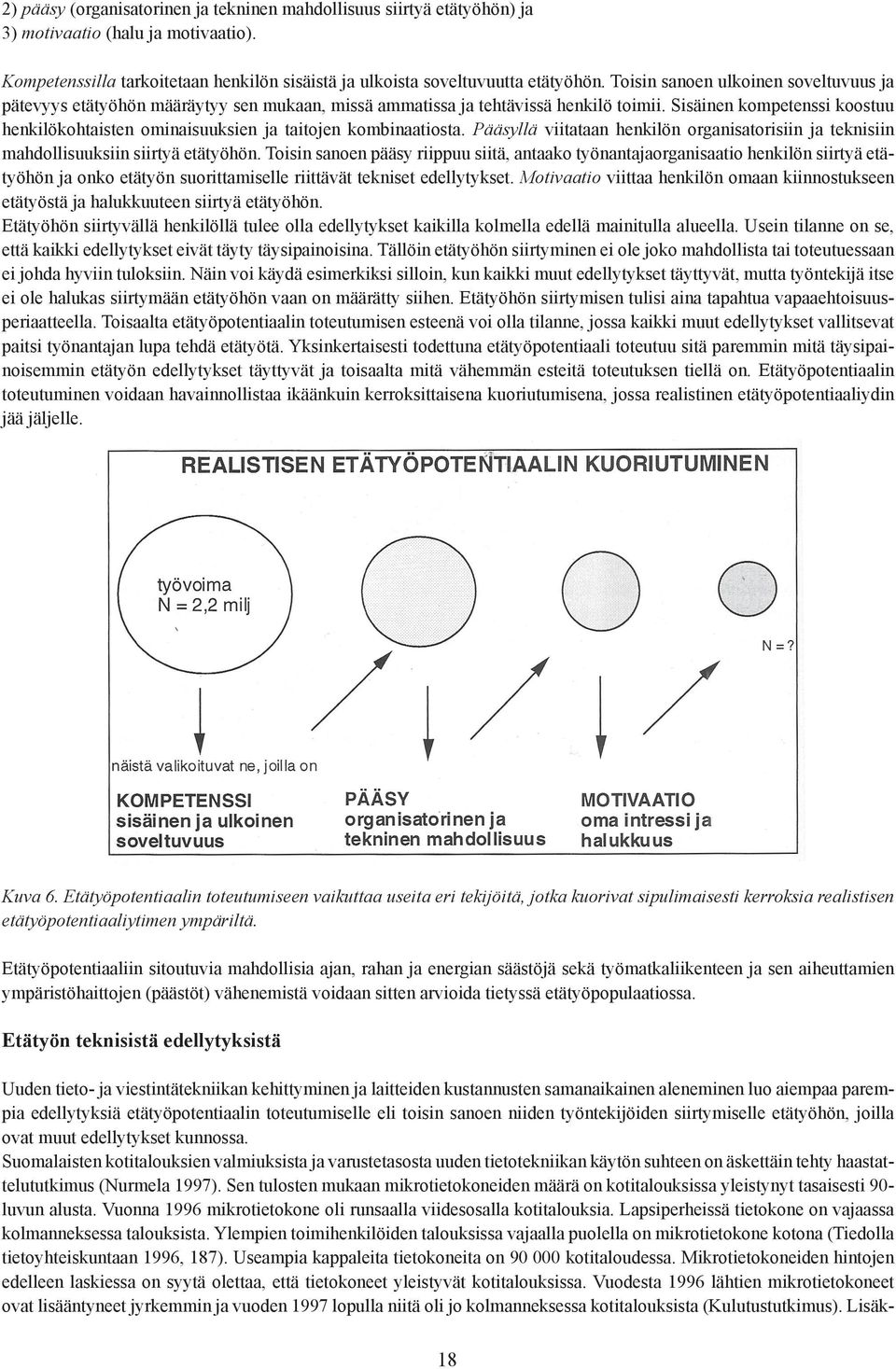 Sisäinen kompetenssi koostuu henkilökohtaisten ominaisuuksien ja taitojen kombinaatiosta. Pääsyllä viitataan henkilön organisatorisiin ja teknisiin mahdollisuuksiin siirtyä etätyöhön.