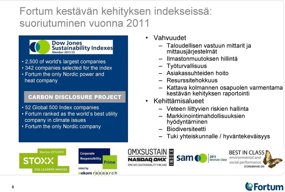 vastuun mittarit ja mittausjärjestelmät Ilmastonmuutoksen hillintä Työturvallisuus Asiakassuhteiden hoito Resurssitehokkuus Kattava kolmannen osapuolen varmentama