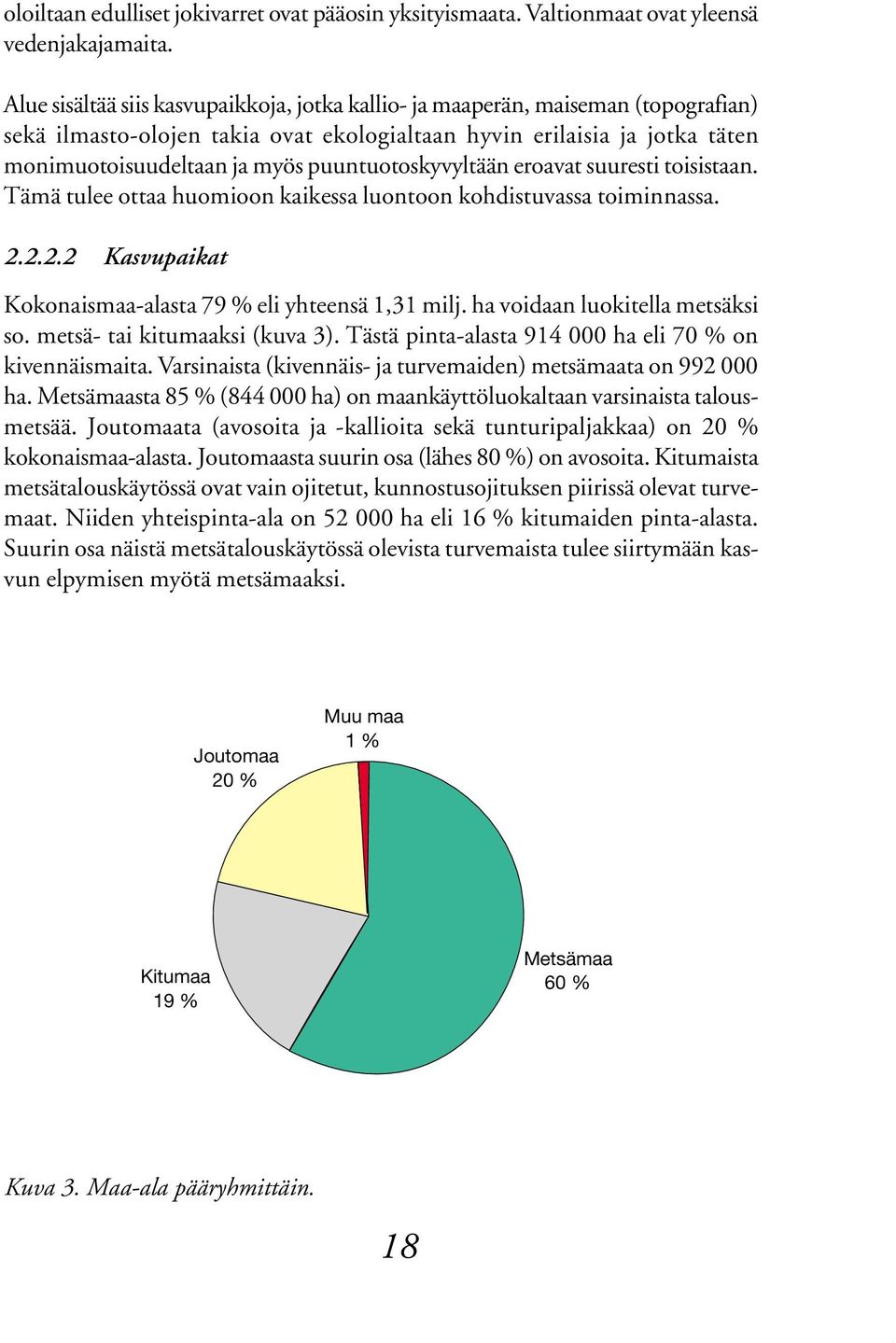 kohdistuvassa toiminnassa 2222 Kasvupaikat Kokonaismaa-alasta 79 % eli yhteensä 1,31 milj ha voidaan luokitella metsäksi so metsä- tai kitumaaksi (kuva 3) Tästä pinta-alasta 914 000 ha eli 70 % on