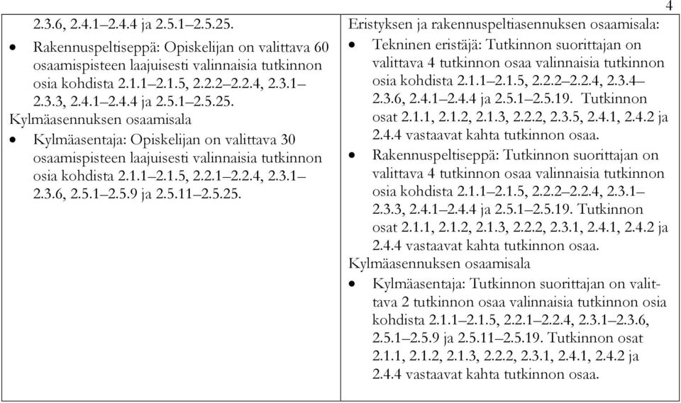 4 Eristyksen ja rakennuspeltiasennuksen osaamisala: Tekninen eristäjä: Tutkinnon suorittajan on valittava 4 tutkinnon osaa valinnaisia tutkinnon osia kohdista 2.1.1 2.1.5, 2.2.2 2.2.4, 2.3.4 2.3.6, 2.