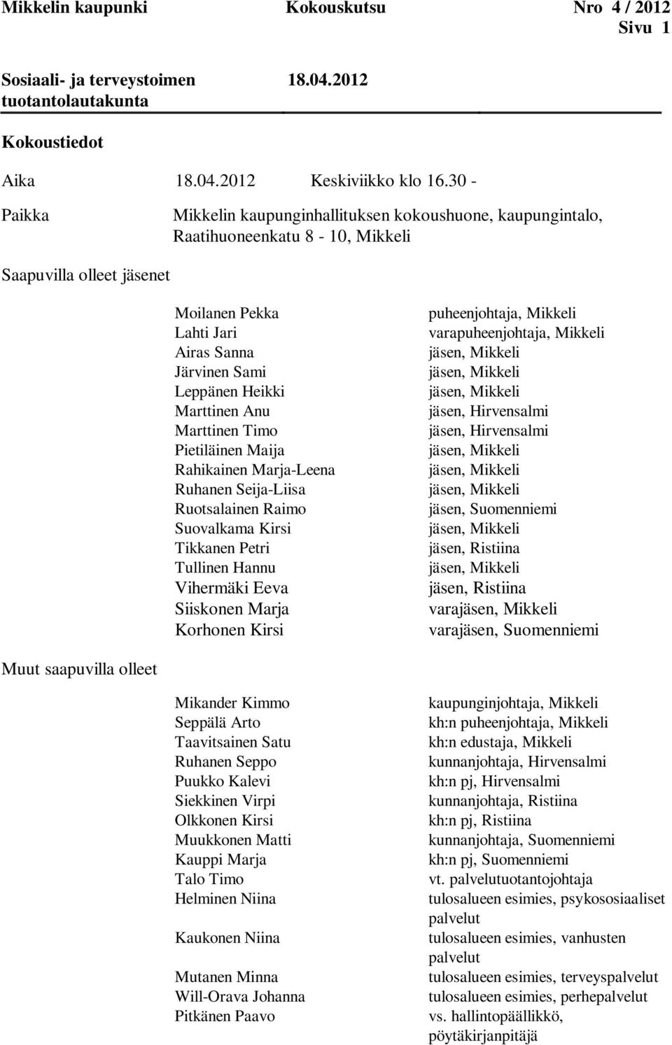 Marttinen Anu Marttinen Timo Pietiläinen Maija Rahikainen Marja-Leena Ruhanen Seija-Liisa Ruotsalainen Raimo Suovalkama Kirsi Tikkanen Petri Tullinen Hannu Vihermäki Eeva Siiskonen Marja Korhonen