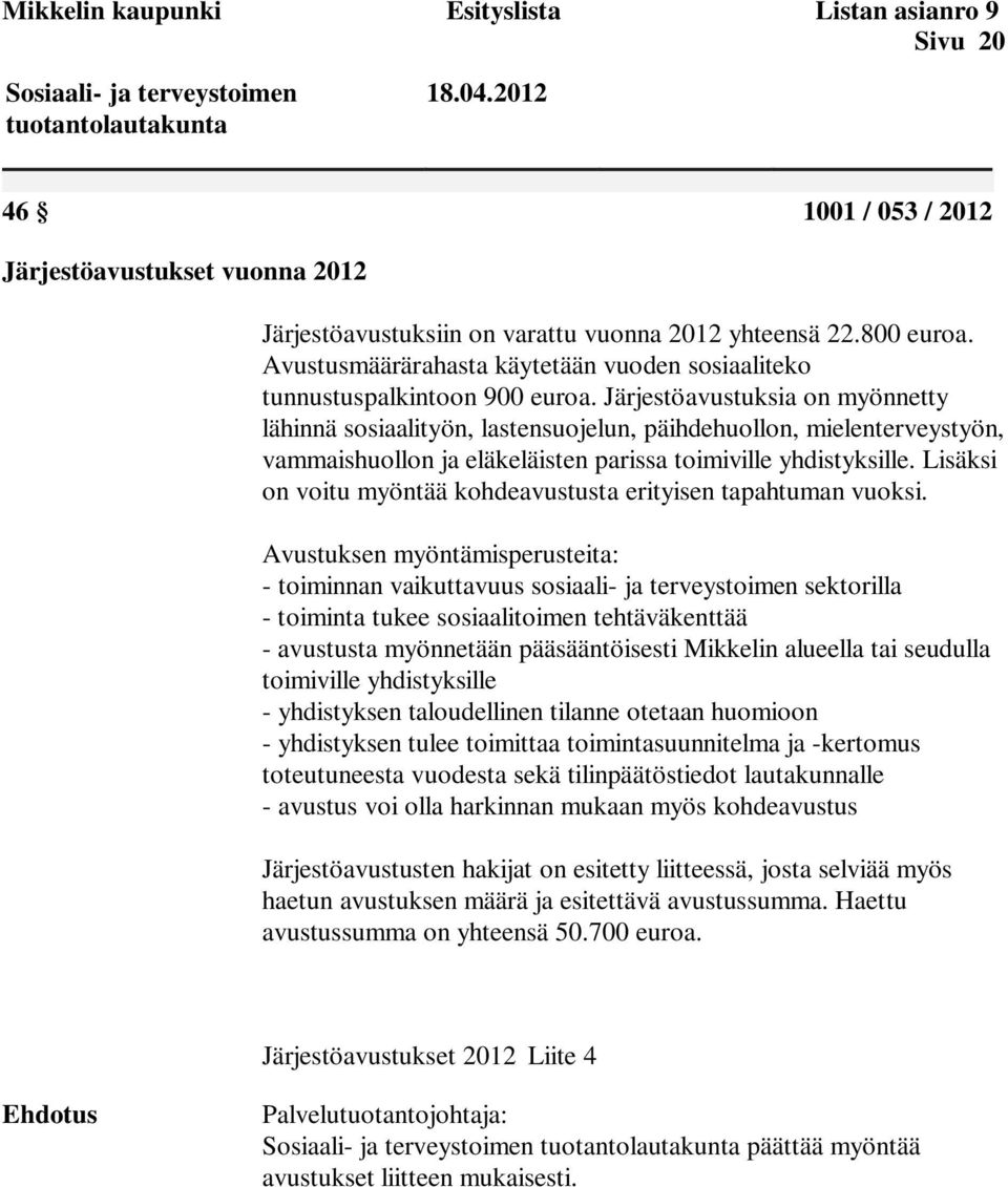 Järjestöavustuksia on myönnetty lähinnä sosiaalityön, lastensuojelun, päihdehuollon, mielenterveystyön, vammaishuollon ja eläkeläisten parissa toimiville yhdistyksille.