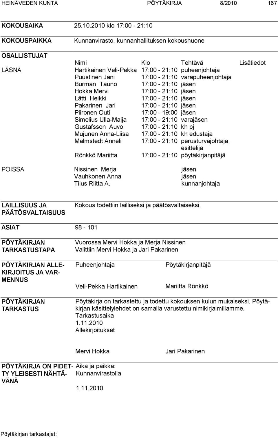 2010 klo 17:00-21:10 KOKOUSPAIKKA OSALLISTUJAT LÄSNÄ Kunnanvirasto, kunnanhallituksen kokoushuone Nimi Klo Tehtävä Lisätiedot Hartikainen Veli-Pekka 17:00-21:10 puheenjohtaja Puustinen Jani