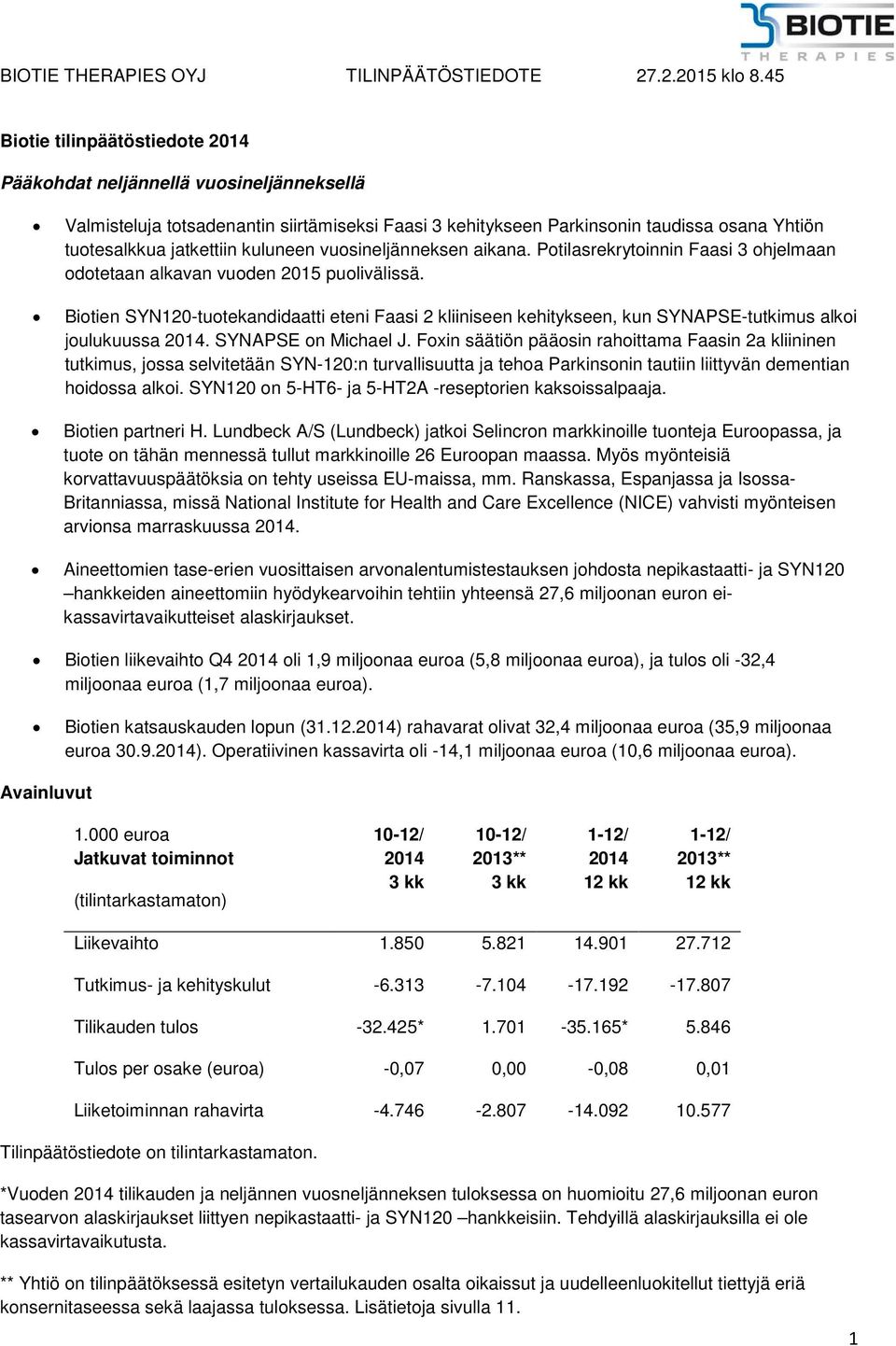 Biotien SYN120-tuotekandidaatti eteni Faasi 2 kliiniseen kehitykseen, kun SYNAPSE-tutkimus alkoi joulukuussa 2014. SYNAPSE on Michael J.