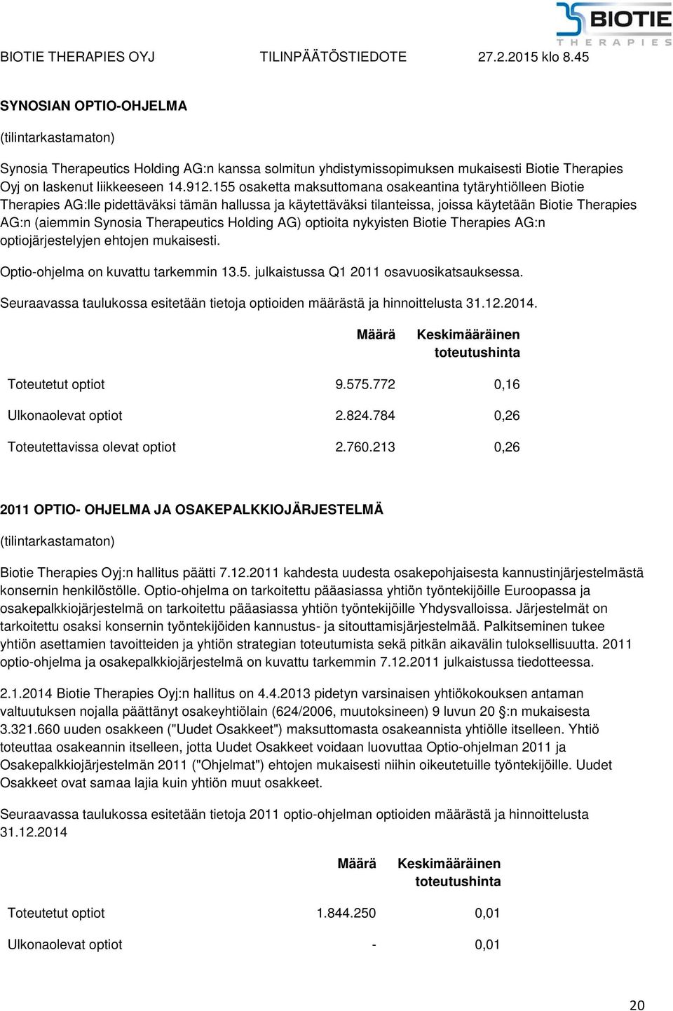 Therapeutics Holding AG) optioita nykyisten Biotie Therapies AG:n optiojärjestelyjen ehtojen mukaisesti. Optio-ohjelma on kuvattu tarkemmin 13.5. julkaistussa Q1 2011 osavuosikatsauksessa.