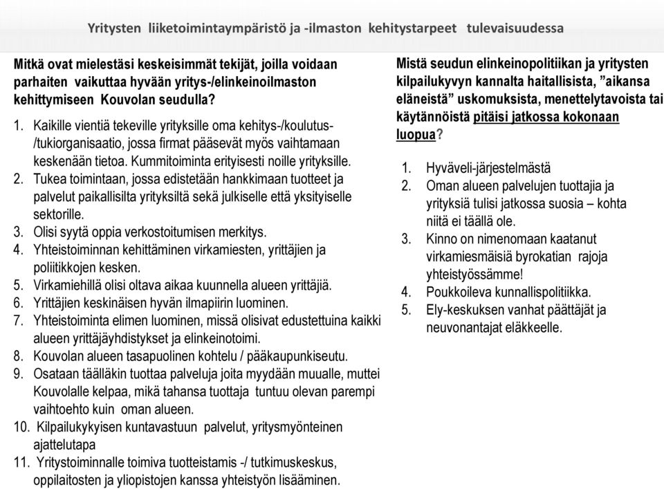 Kummitoiminta erityisesti noille yrityksille. 2. Tukea toimintaan, jossa edistetään hankkimaan tuotteet ja palvelut paikallisilta yrityksiltä sekä julkiselle että yksityiselle sektorille. 3.