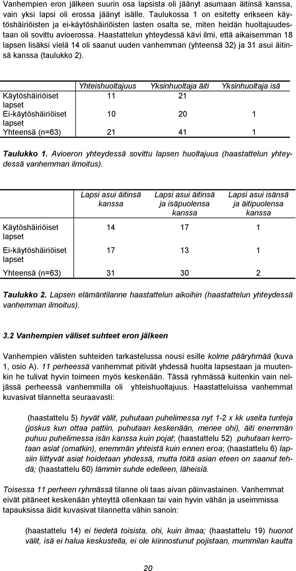 Haastattelun yhteydessä kävi ilmi, että aikaisemman 18 lapsen lisäksi vielä 14 oli saanut uuden vanhemman (yhteensä 32) ja 31 asui äitinsä kanssa (taulukko 2).