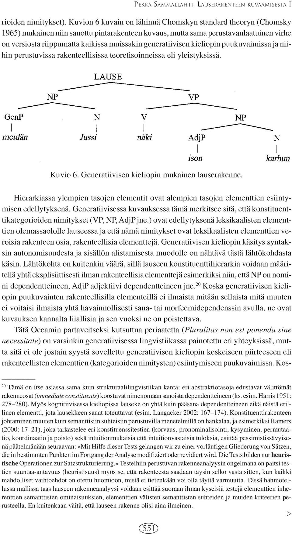 generatiivisen kieliopin puukuvaimissa ja niihin perustuvissa rakenteellisissa teoretisoinneissa eli yleistyksissä. Kuvio 6. Generatiivisen kieliopin mukainen lauserakenne.