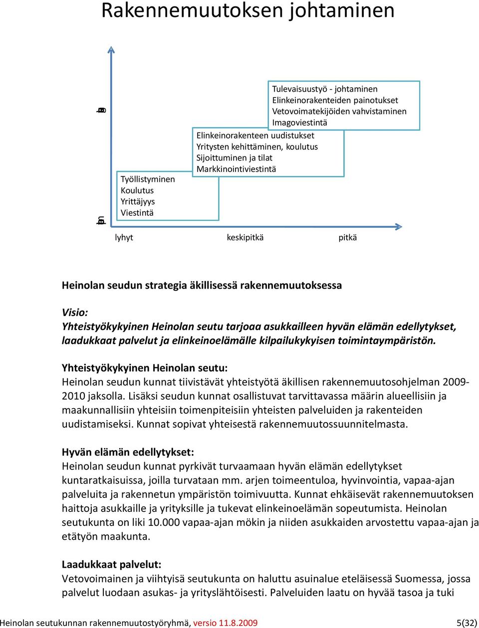 rakennemuutoksessa Visio: Yhteistyökykyinen Heinolan seutu tarjoaa asukkailleen hyvän elämän edellytykset, laadukkaat palvelut ja elinkeinoelämälle kilpailukykyisen toimintaympäristön.