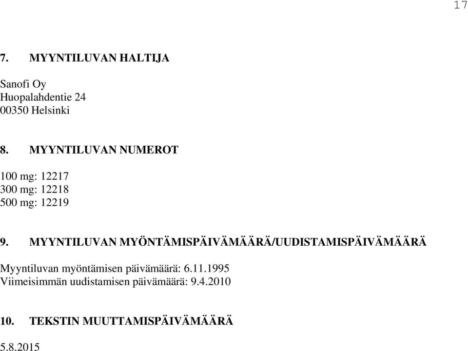 MYYNTILUVAN MYÖNTÄMISPÄIVÄMÄÄRÄ/UUDISTAMISPÄIVÄMÄÄRÄ Myyntiluvan myöntämisen