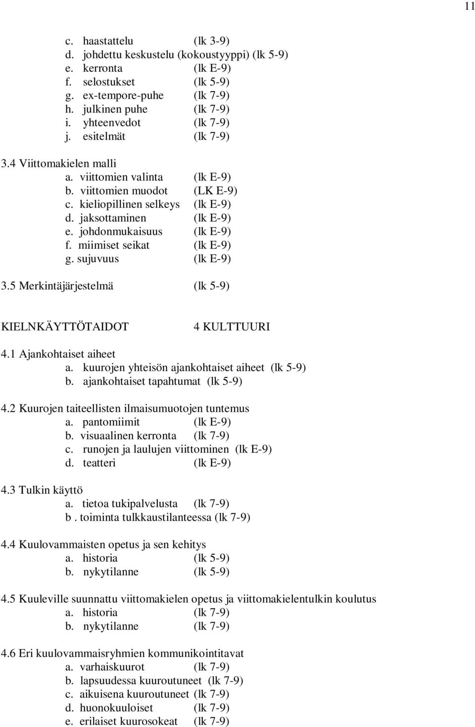 miimiset seikat (lk E-9) g. sujuvuus (lk E-9) 3.5 Merkintäjärjestelmä (lk 5-9) KIELNKÄYTTÖTAIDOT 4 KULTTUURI 4.1 Ajankohtaiset aiheet a. kuurojen yhteisön ajankohtaiset aiheet (lk 5-9) b.