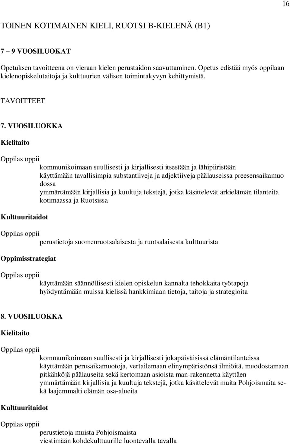 VUOSILUOKKA Kielitaito Oppilas oppii kommunikoimaan suullisesti ja kirjallisesti itsestään ja lähipiiristään käyttämään tavallisimpia substantiiveja ja adjektiiveja päälauseissa preesensaikamuo dossa