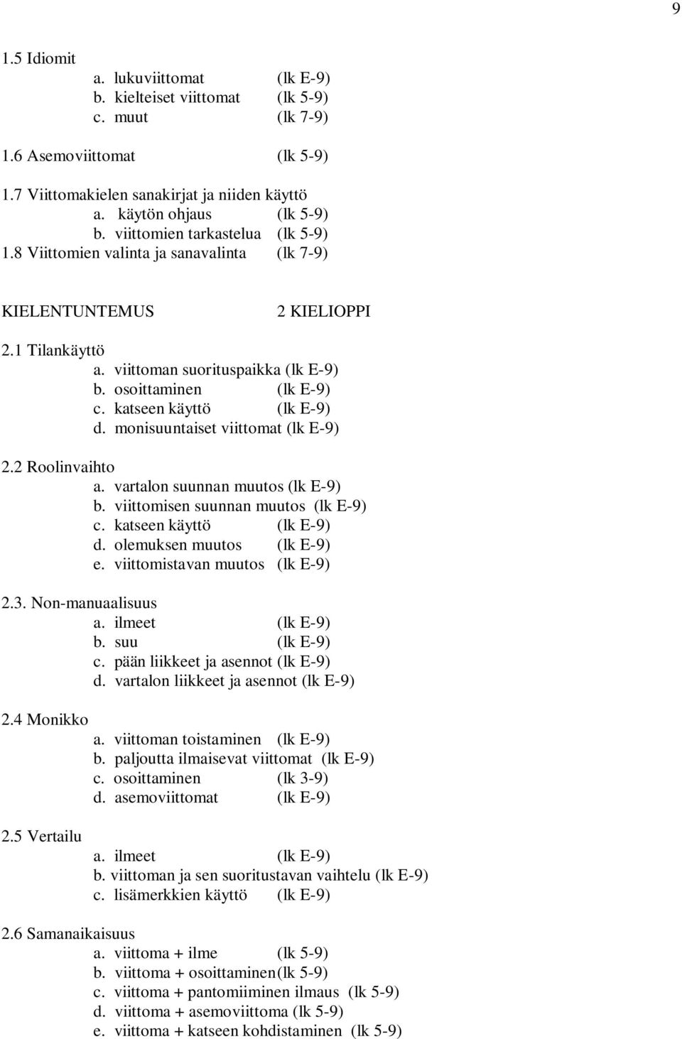 katseen käyttö (lk E-9) d. monisuuntaiset viittomat (lk E-9) 2.2 Roolinvaihto a. vartalon suunnan muutos (lk E-9) b. viittomisen suunnan muutos (lk E-9) c. katseen käyttö (lk E-9) d.