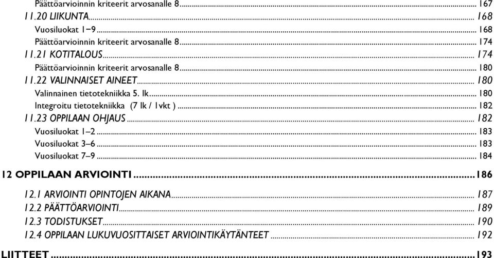 .. 180 Integroitu tietotekniikka (7 lk / 1vkt )... 182 11.23 OPPILAAN OHJAUS... 182 Vuosiluokat 1 2... 183 Vuosiluokat 3 6... 183 Vuosiluokat 7 9.