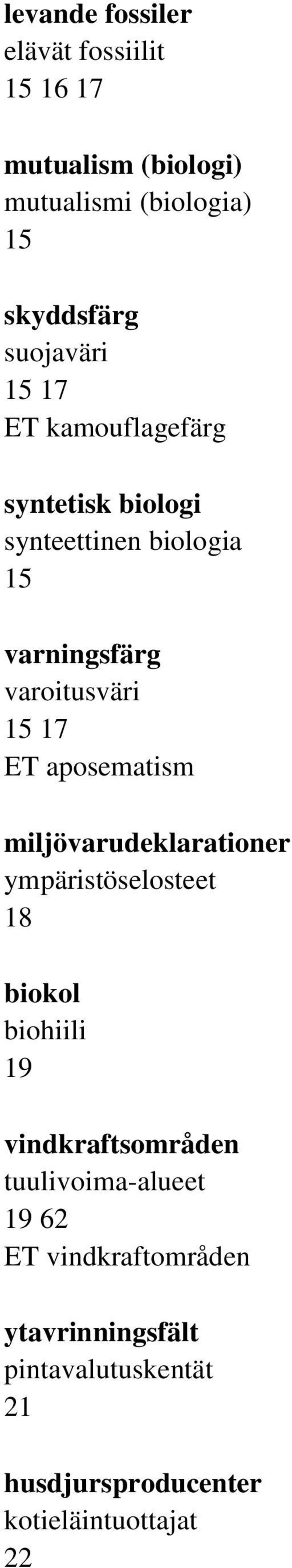 17 ET aposematism miljövarudeklarationer ympäristöselosteet 18 biokol biohiili 19 vindkraftsområden