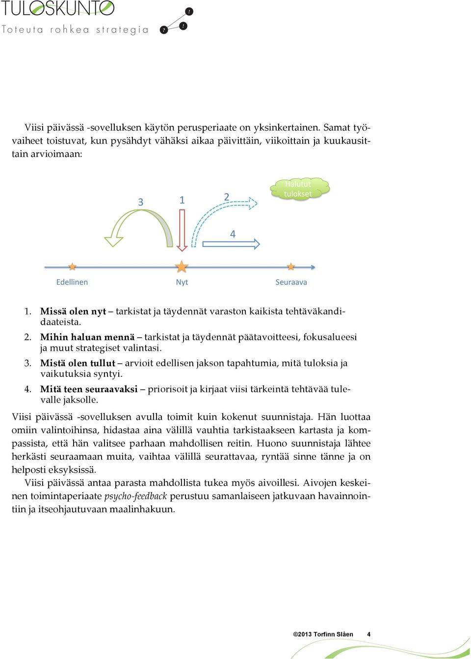 Missä olen nyt tarkistat ja täydennät varaston kaikista tehtäväkandidaateista. 2. Mihin haluan mennä tarkistat ja täydennät päätavoitteesi, fokusalueesi ja muut strategiset valintasi. 3.