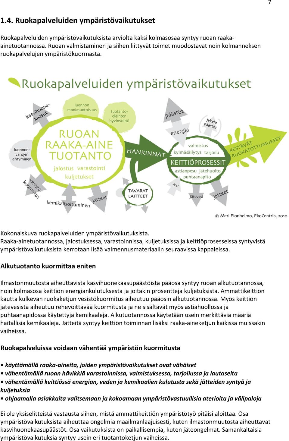 Raaka ainetuotannossa, jalostuksessa, varastoinnissa, kuljetuksissa ja keittiöprosesseissa syntyvistä ympäristövaikutuksista kerrotaan lisää valmennusmateriaalin seuraavissa kappaleissa.