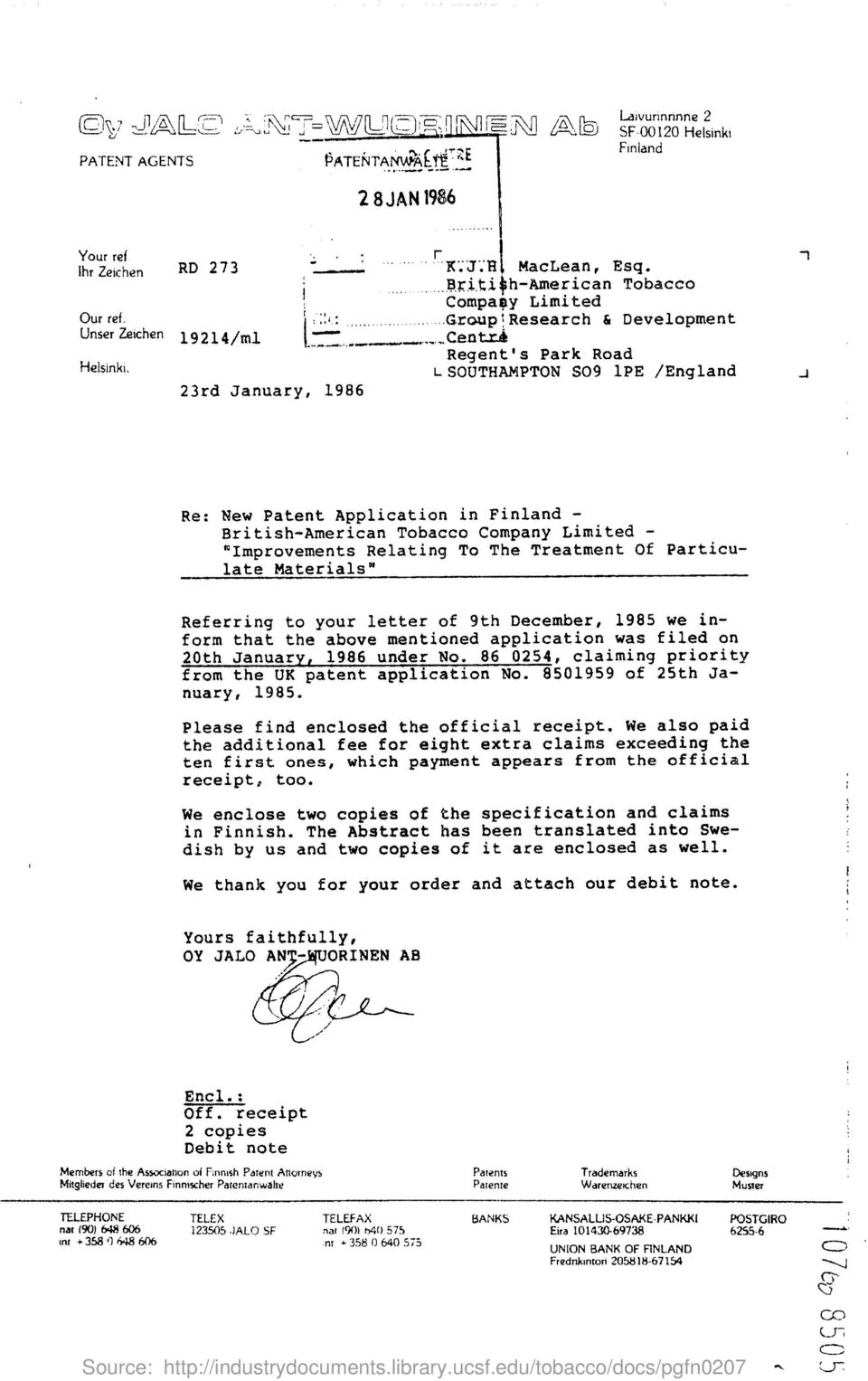 1_ SOUTHAMPTON S09 1PE /England 23rd January, 198 6 1 a Re : New Patent Application in Finland - British-American Tobacco Company Limited - ' Improvements Relating To The Treatment Of Particulate