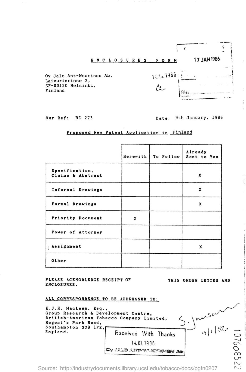 X Informal Drawings X Formal Drawings X Priority Document x Power of Attorne y [Assignment X Othe r PLEASE ACKNOWLEDGE RECEIPT OF ENCLOSURES.