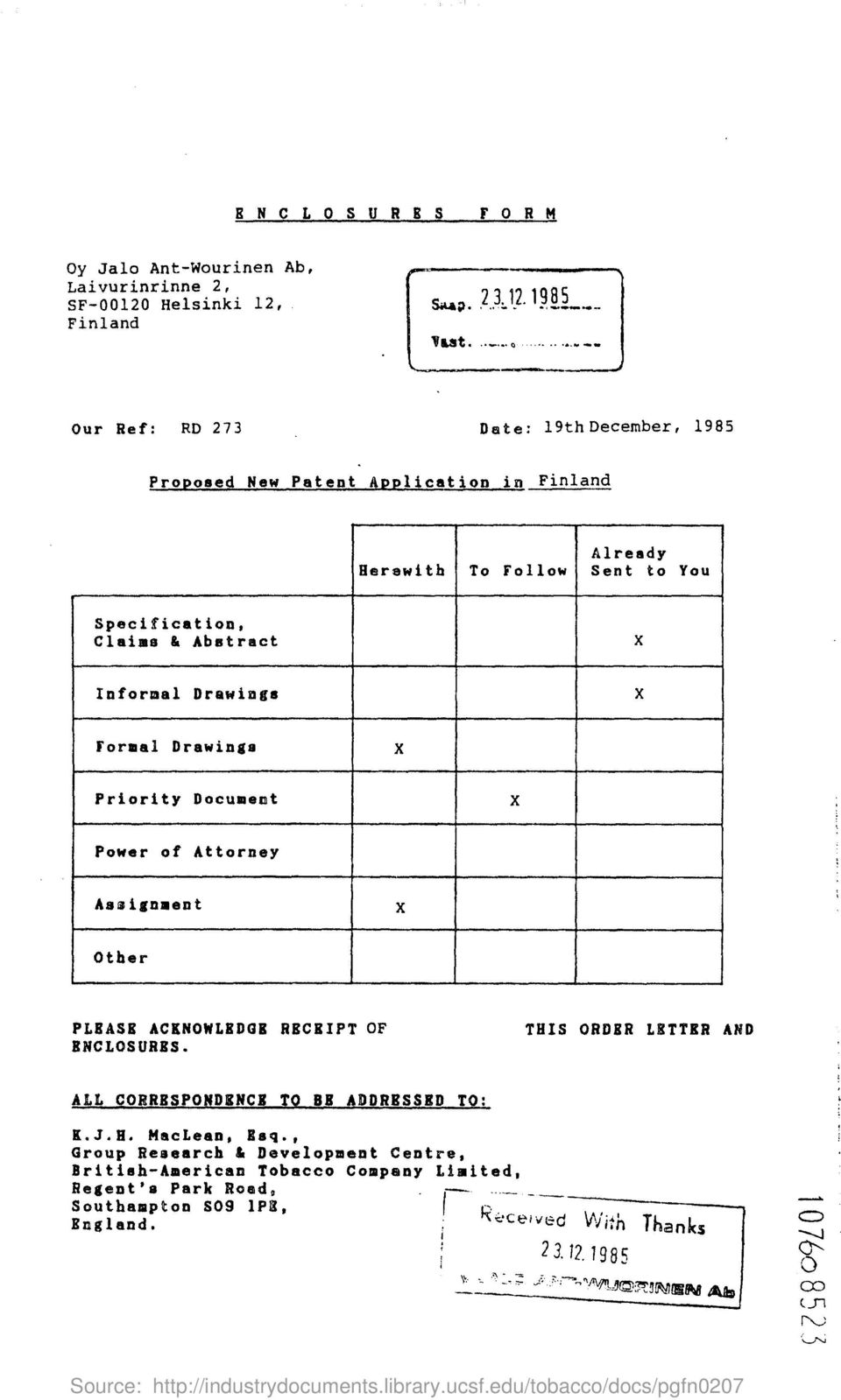 Abstract X Informal Drawings X Formal Drawings x Priority Document x Power of Attorne y Assignment x Othe r PLEASE ACKNOWLEDGE RECEIPT OF ENCLOSURES.