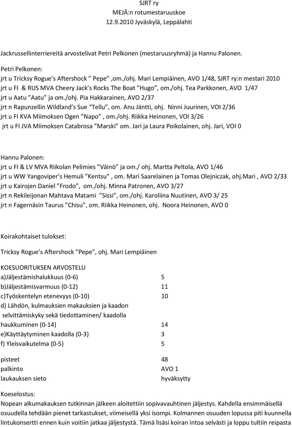 /ohj. Pia Hakkarainen, AVO 2/37 jrt n Rapunzellin Wildland s Sue Tellu, om. Anu Jäntti, ohj. Ninni Juurinen, VOI 2/36 jrt u FI KVA Miimoksen Ogen Napo, om./ohj. Riikka Heinonen, VOI 3/26 jrt u FI JVA Miimoksen Catabrosa Marski om.