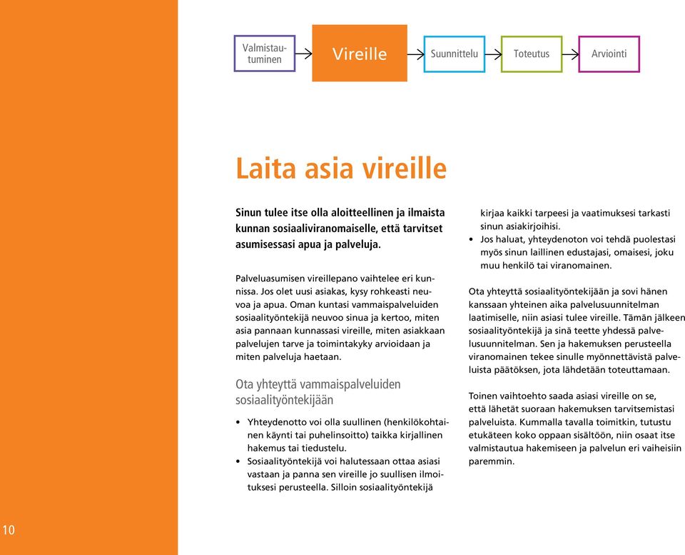 Oman kuntasi vammaispalveluiden sosiaalityöntekijä neuvoo sinua ja kertoo, miten asia pannaan kunnassasi vireille, miten asiakkaan palvelujen tarve ja toimintakyky arvioidaan ja miten palveluja