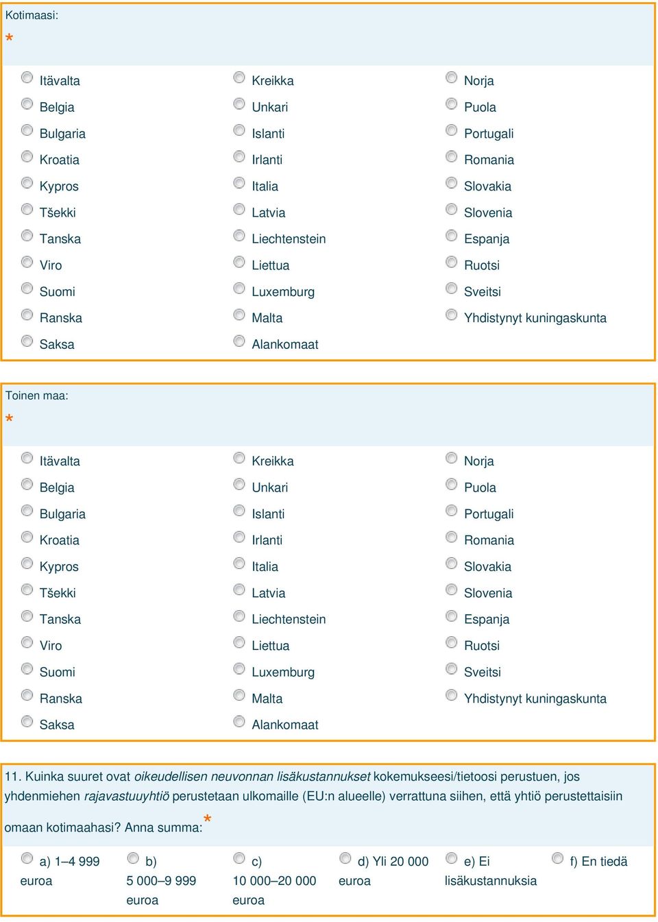 Slovakia Tšekki Latvia Slovenia Tanska Liechtenstein Espanja Viro Liettua Ruotsi Suomi Luxemburg Sveitsi Ranska Malta Yhdistynyt kuningaskunta Saksa Alankomaat 11.