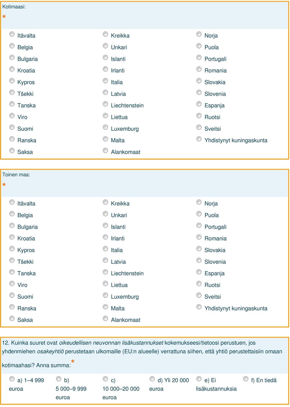 Slovakia Tšekki Latvia Slovenia Tanska Liechtenstein Espanja Viro Liettua Ruotsi Suomi Luxemburg Sveitsi Ranska Malta Yhdistynyt kuningaskunta Saksa Alankomaat 12.