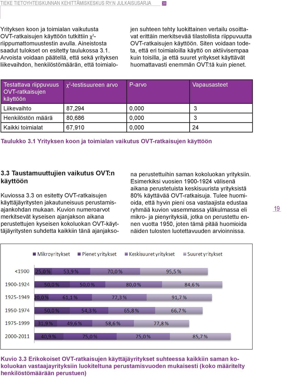 OVT-ratkaisujen käyttöön. Siten voidaan todeta, että eri toimialoilla käyttö on aktiivisempaa kuin toisilla, ja että suuret yritykset käyttävät huomattavasti enemmän OVT:tä kuin pienet.