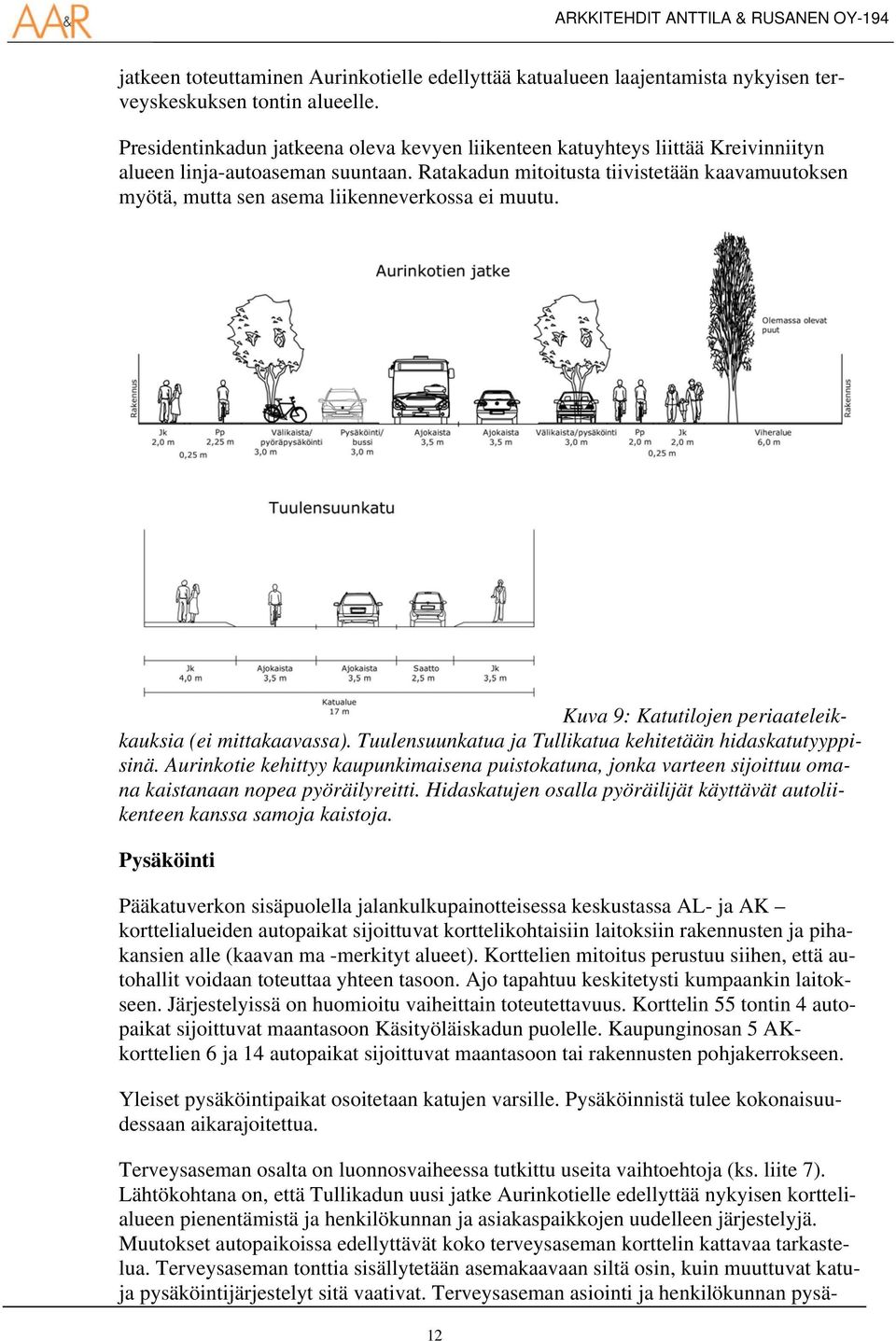 Ratakadun mitoitusta tiivistetään kaavamuutoksen myötä, mutta sen asema liikenneverkossa ei muutu. Kuva 9: Katutilojen periaateleikkauksia (ei mittakaavassa).