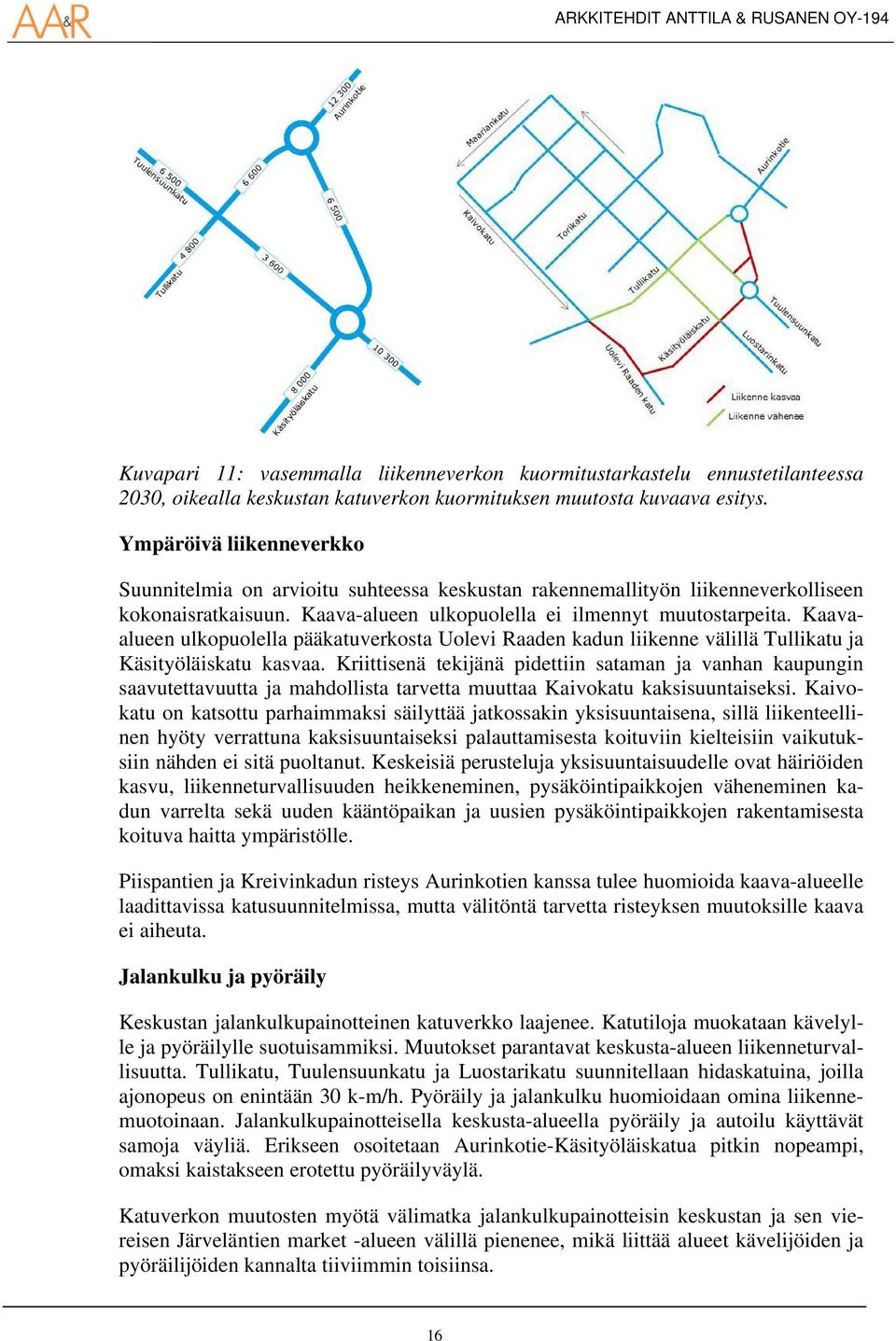 Kaavaalueen ulkopuolella pääkatuverkosta Uolevi Raaden kadun liikenne välillä Tullikatu ja Käsityöläiskatu kasvaa.