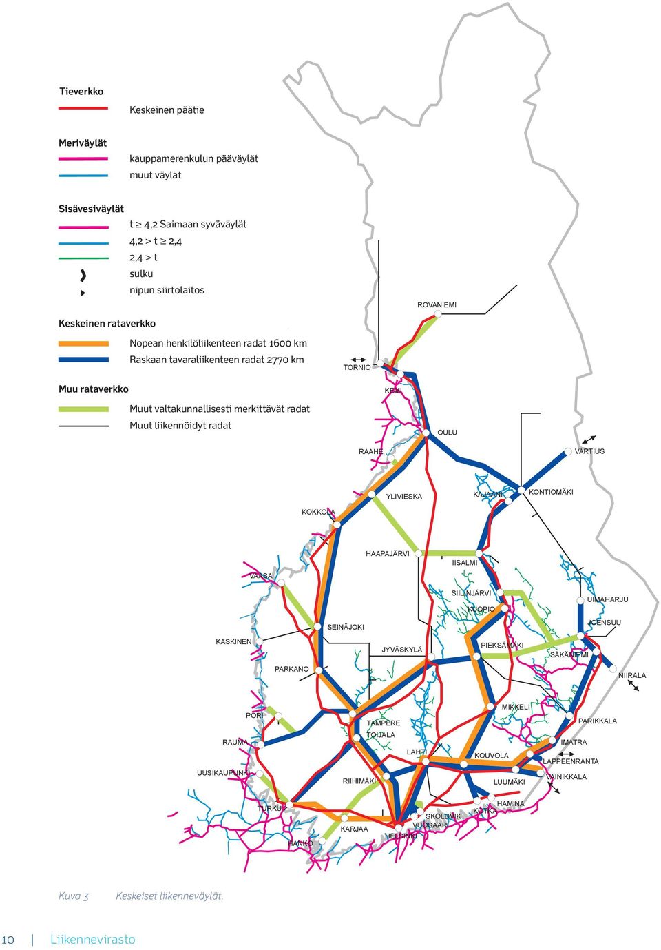 henkilöliikenteen radat 1600 km Raskaan tavaraliikenteen radat 2770 km Muu rataverkko Muut