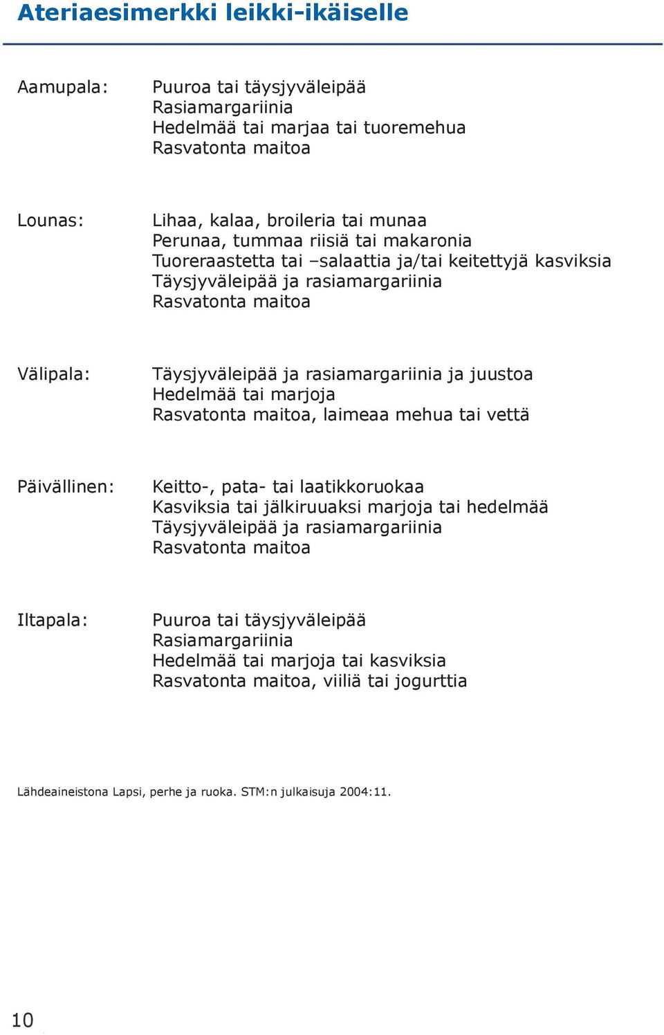 tai marjoja Rasvatonta maitoa, laimeaa mehua tai vettä Päivällinen: Keitto-, pata- tai laatikkoruokaa Kasviksia tai jälkiruuaksi marjoja tai hedelmää Täysjyväleipää ja rasiamargariinia Rasvatonta