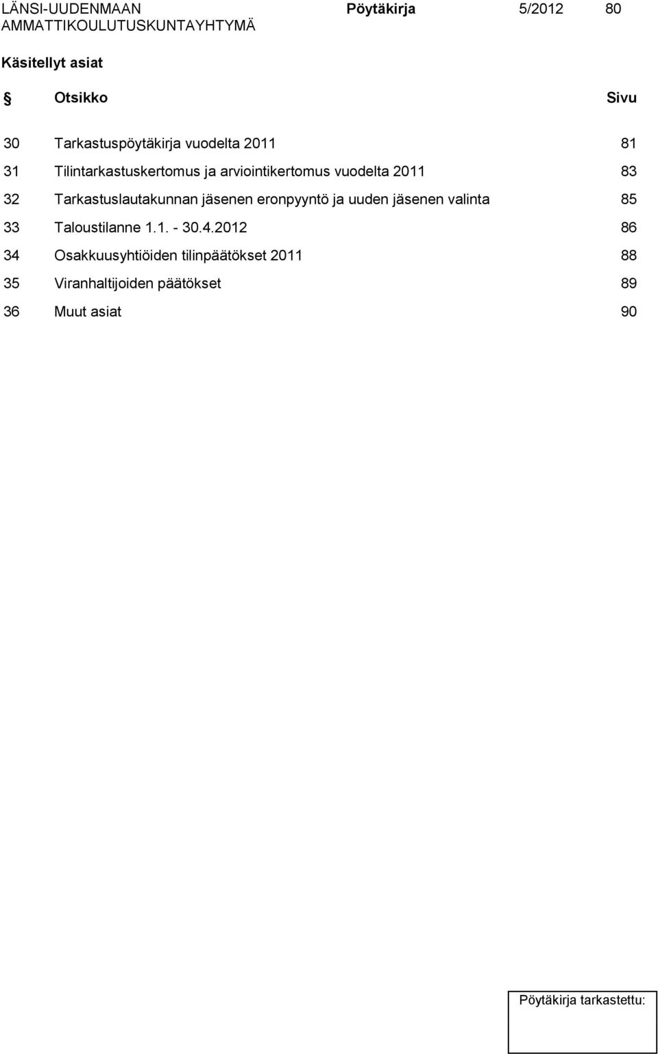 Tarkastuslautakunnan jäsenen eronpyyntö ja uuden jäsenen valinta 85 33 Taloustilanne 1.1. - 30.