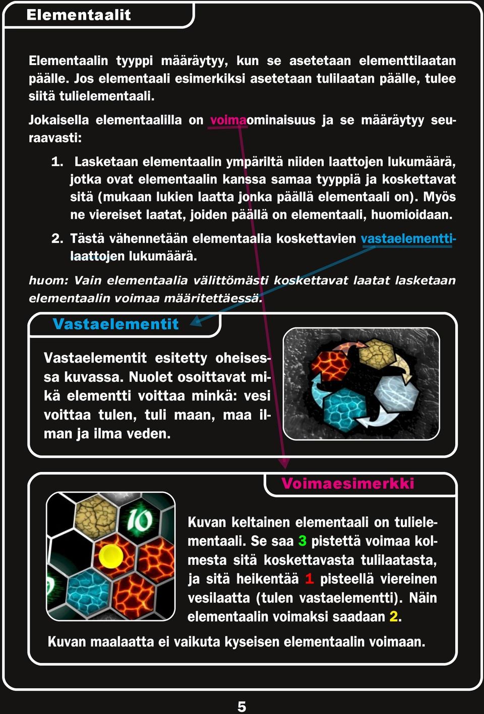 Lasketaan elementaalin ympäriltä niiden laattojen lukumäärä, jotka ovat elementaalin kanssa samaa tyyppiä ja koskettavat sitä (mukaan lukien laatta jonka päällä elementaali on).